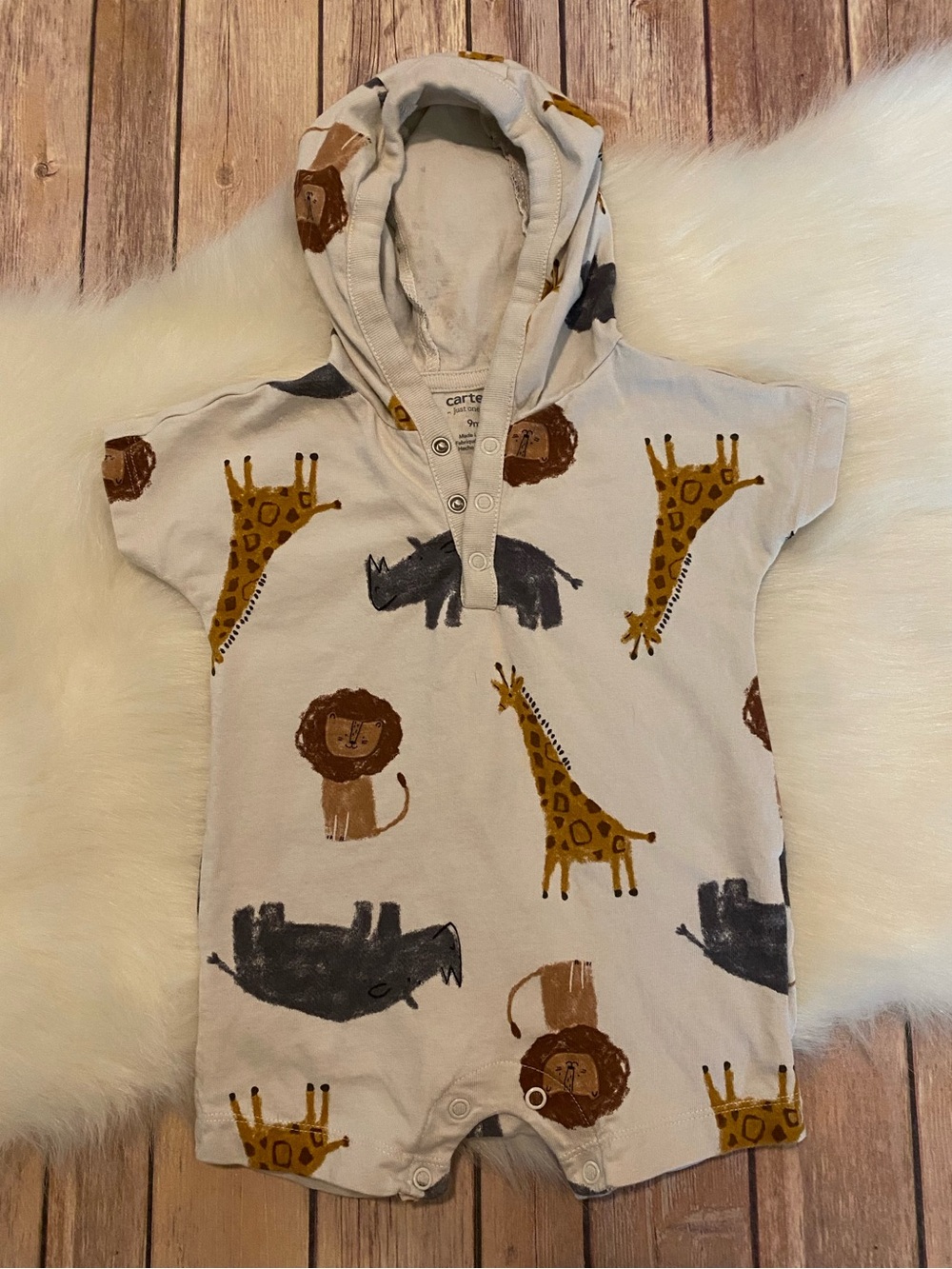 Boy’s 9M Carter’s Hooded Romper Bubble Suit Zoo Safari Jungle